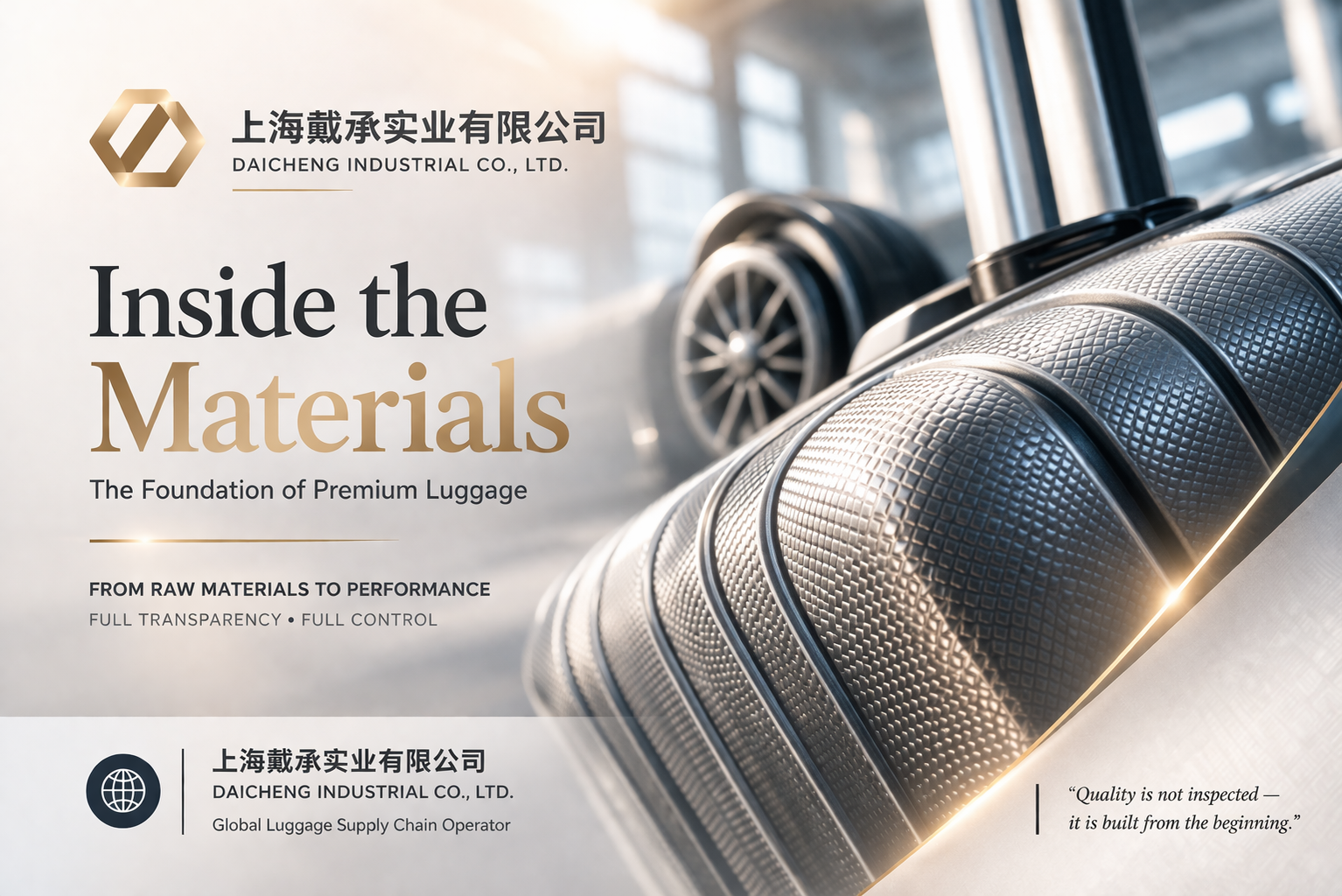 TRAVELDAY product center hero image showing luggage materials and global supply chain capability